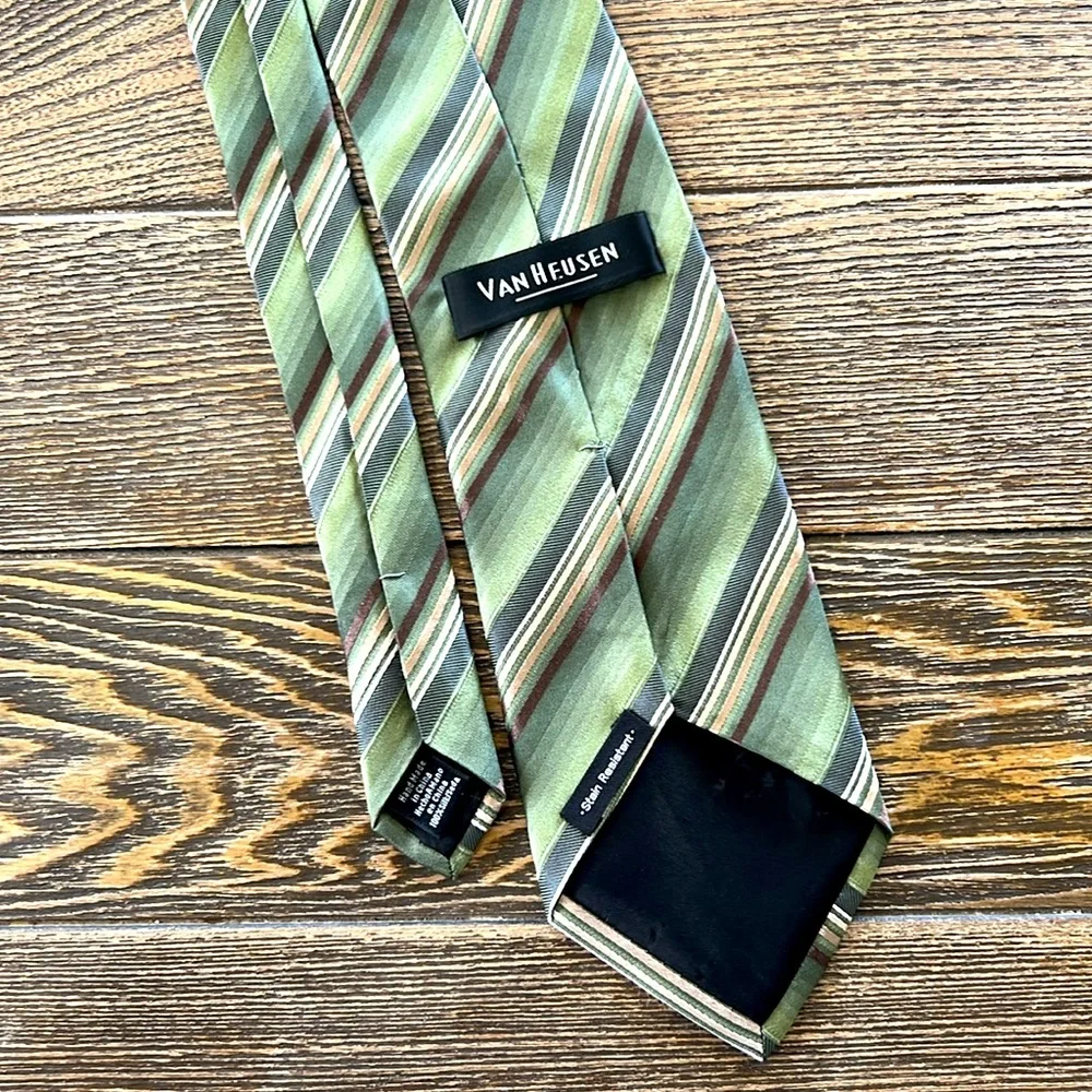 Van Heusen‎ Green and Brown Striped Silk Tie Mens 100% Silk Stain Resistant